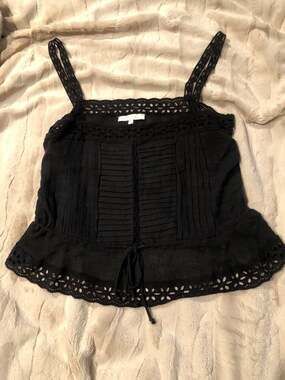 Olivaceous Black Eyelet Lace Trim Pleated Peplum Cami Tank Top